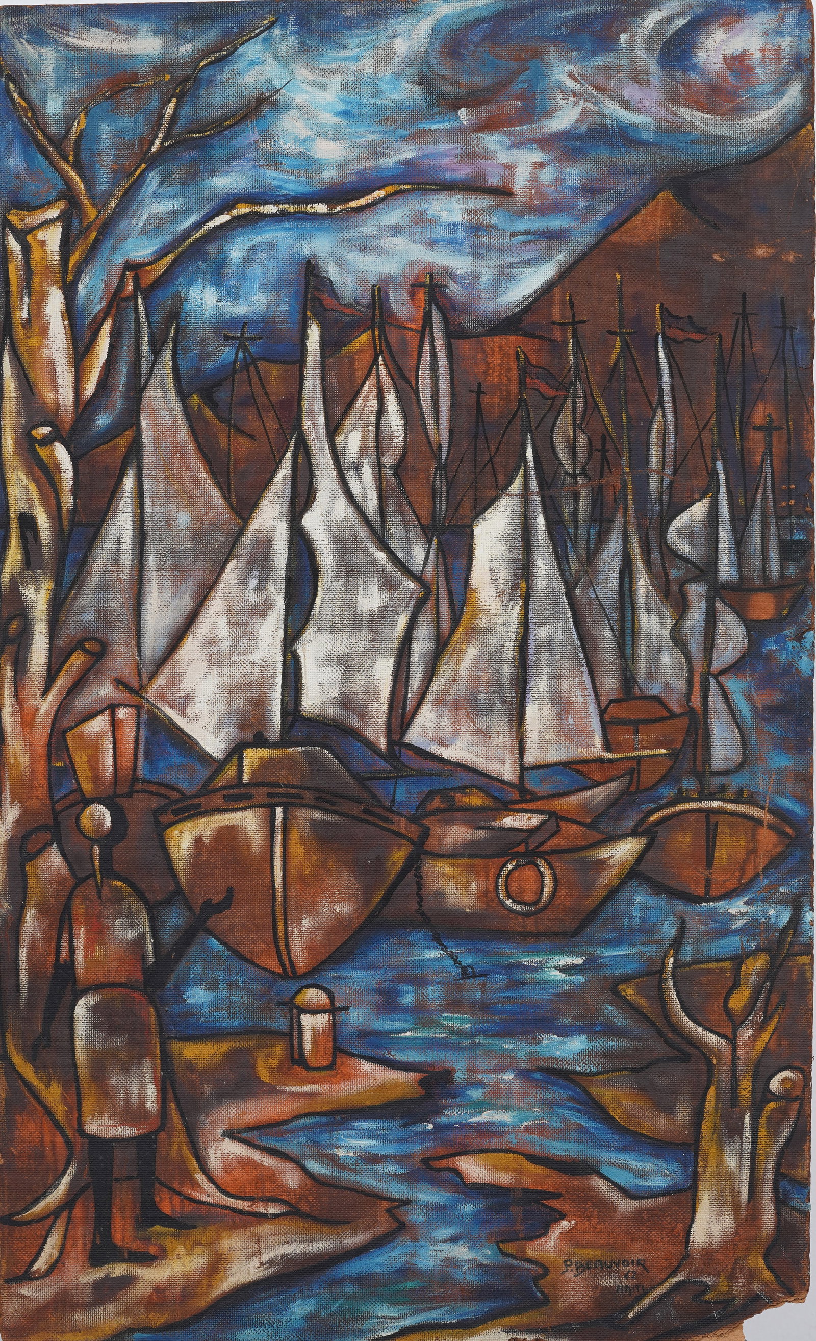 Large Vintage Signed Haitian Modernist Seascape Oil Painting: Vintage Haitian seascape oil painting. Oil on board. Signed. Measuring: 24 by 40 inches overall. Please see all images for condition. Size is measured and written on the back of the painting or next t