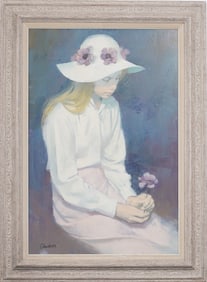 Vintage American Modernist Young Woman Signed Portrait Framed Oil Painting