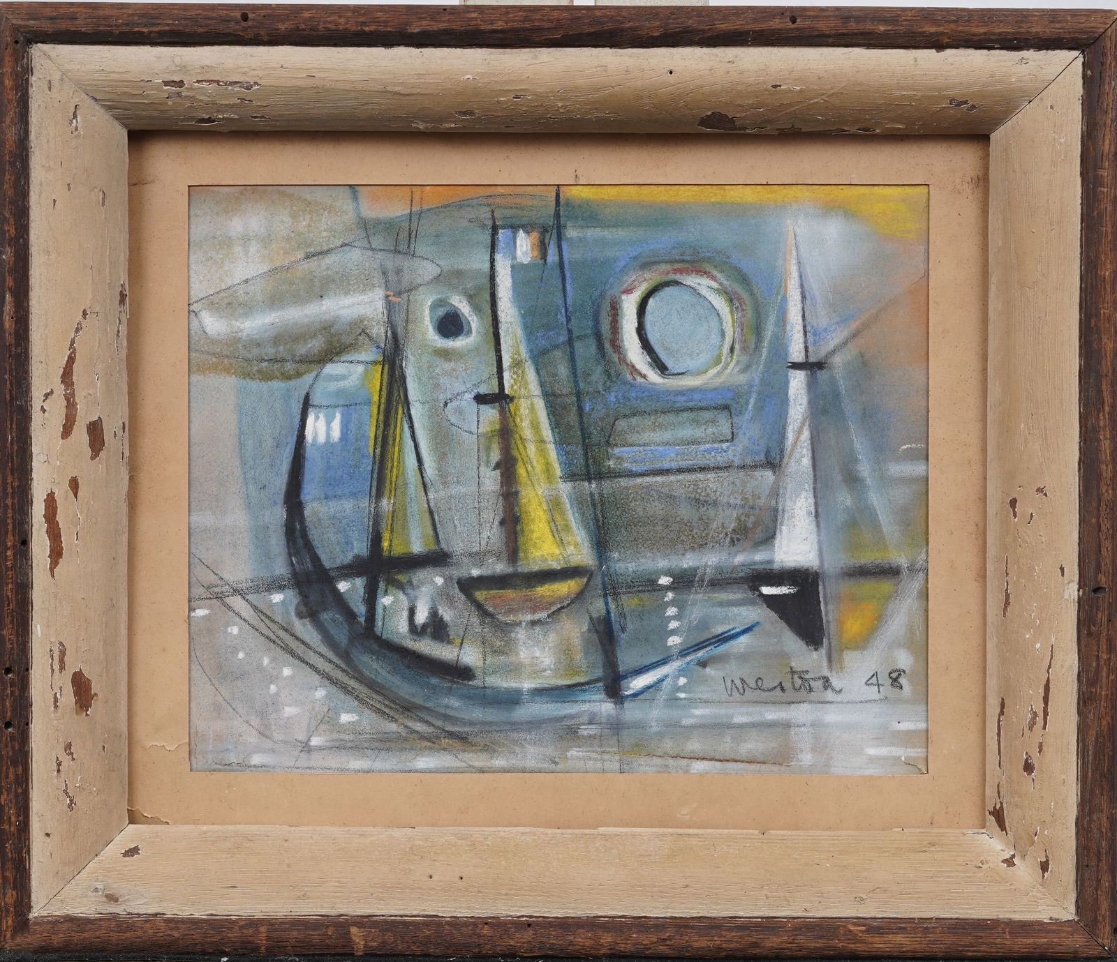 Vintage American Modernist Signed "Weston 48" Cubist Abstract Seascape Painting (1 of 6)