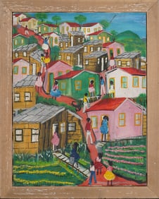 Vintage Signed Brazilian Modernist Outsider Folk Art Landscape Framed Oil Painting