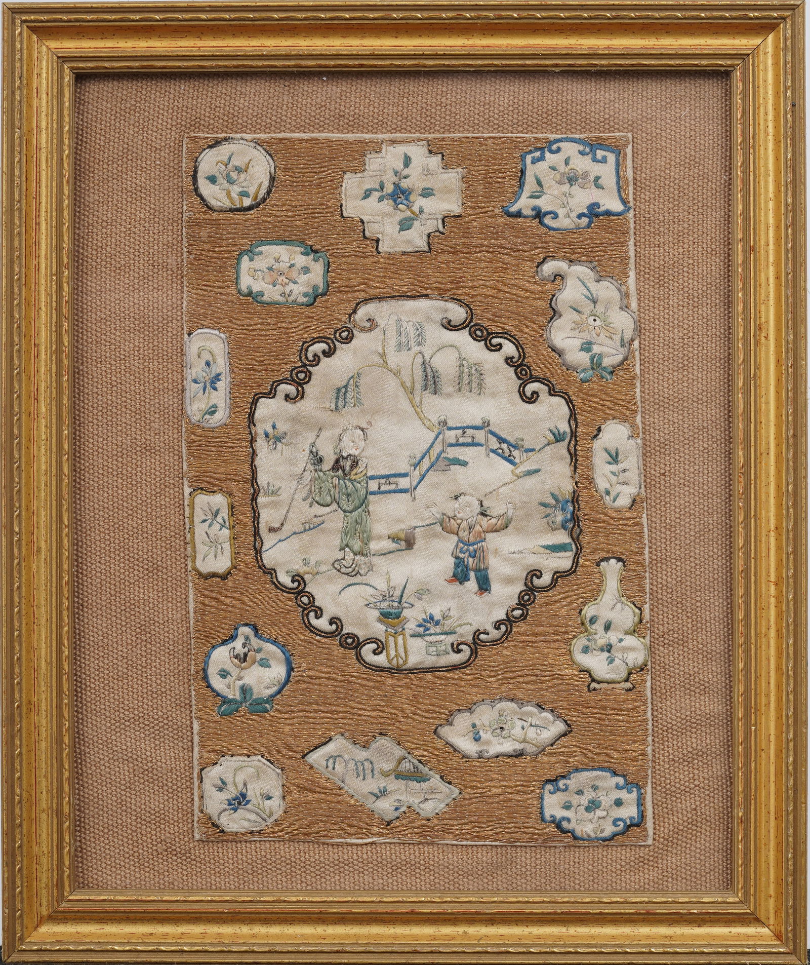 Antique or Vintage Chinese Stitched Embroidery Garden Scene: Embroidery on textile. Measuring: 10.5 by 8.75 inches overall, and 7.75 by 5 painting alone. Please see all images for condition. Size is measured and written on the back of the painting or next to ea