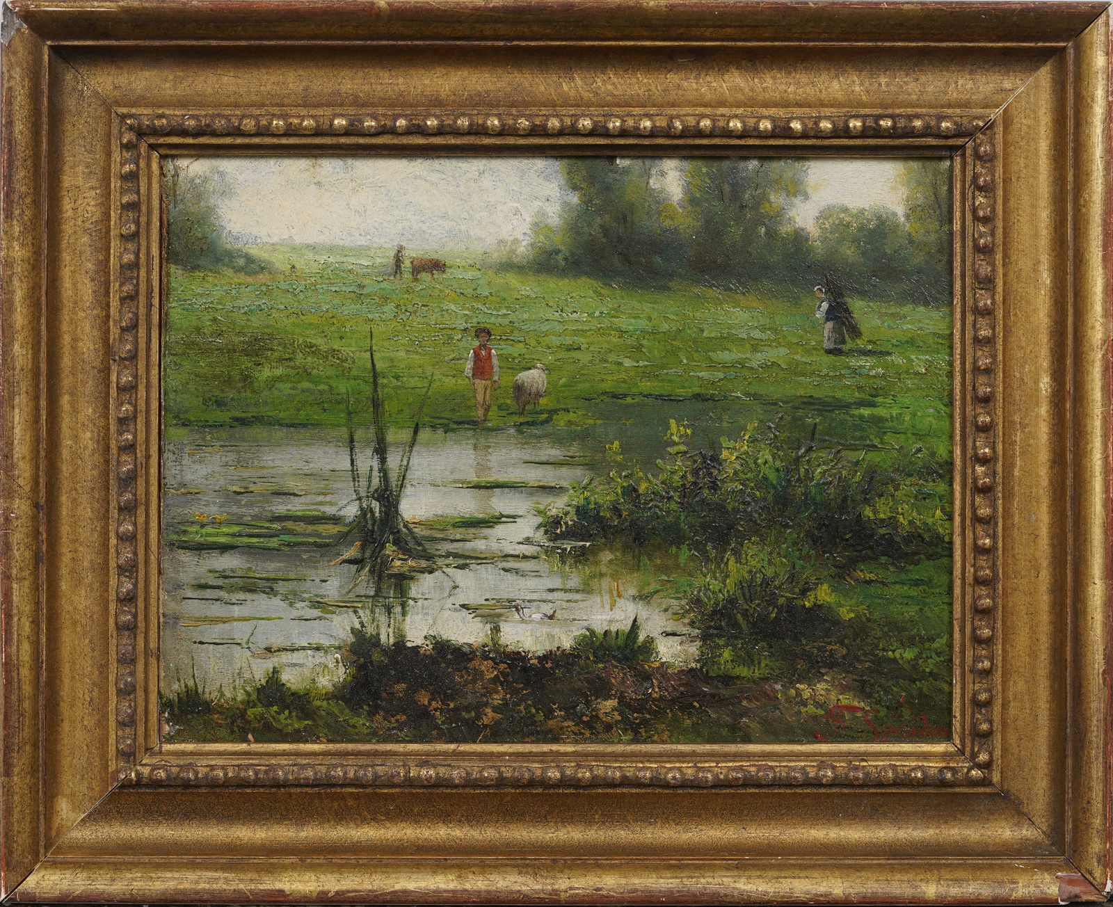 Antique Signed European Impressionist Sheep Herder Landscape Framed Oil Painting (1 of 8)