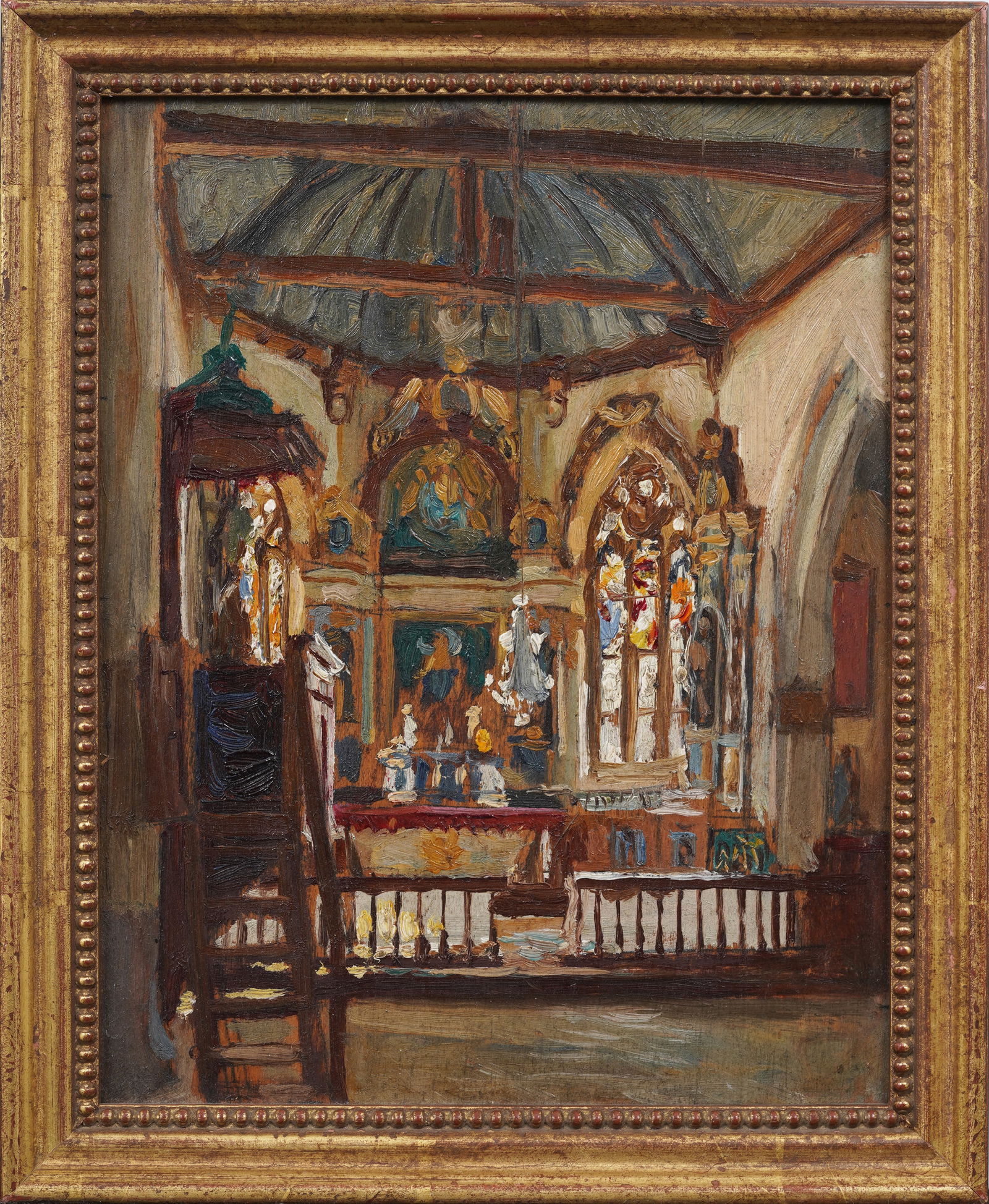 Antique Finely Painted European Church Interior Double Sided Impressionist Portrait Oil Painting (1 of 7)