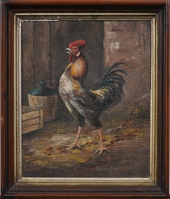 Antique American School Impressionist Signed Rooster Portrait Framed Oil Painting
