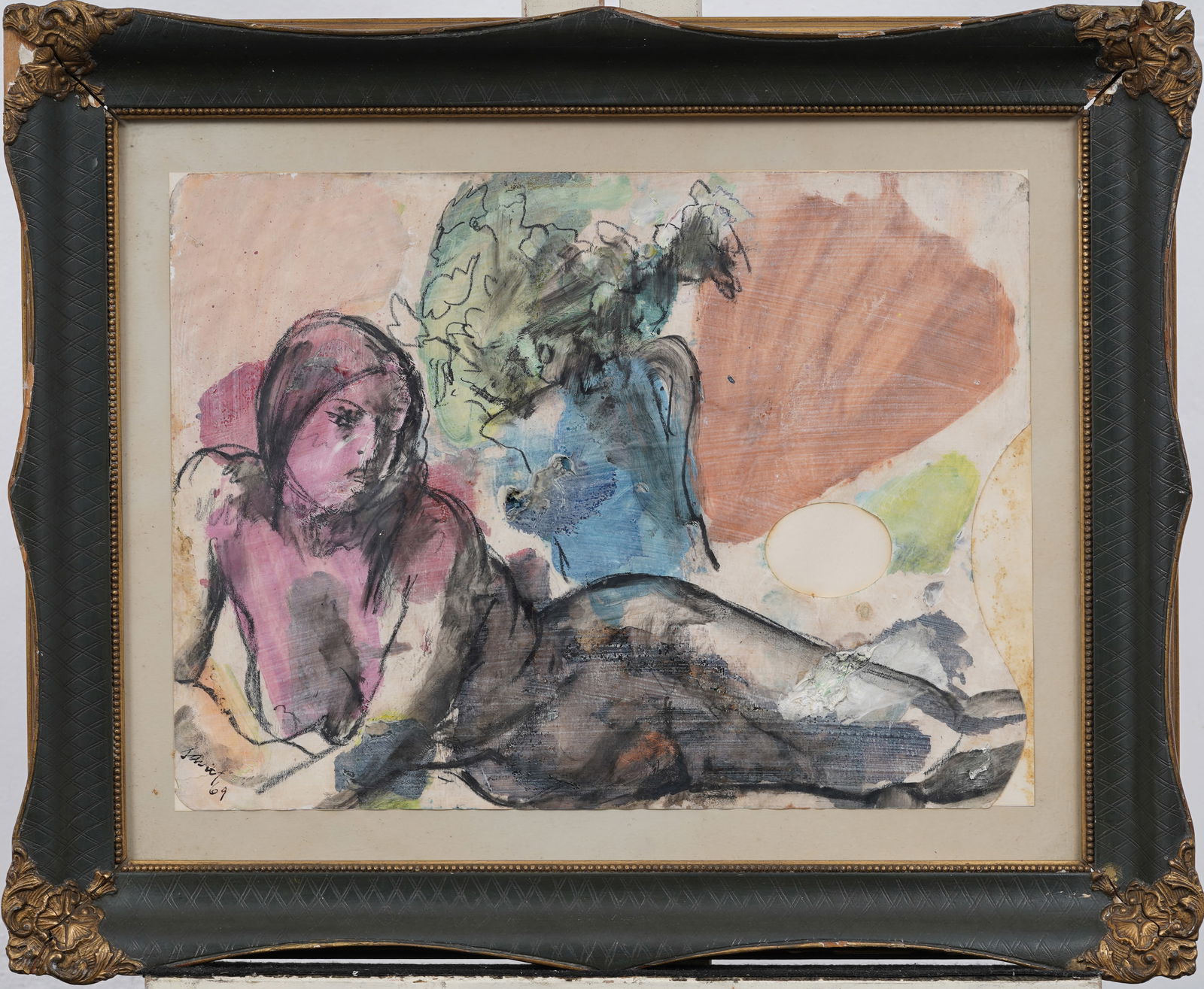 Vintage American School Signed Fauvist Reclining Portrait Framed Modernist Painting 1969: Vintage American painting. Mixed media on board. Signed. Measuring: 17.5 by 22 inches overall, and 11.5 by 15.5 painting alone. Please see all images for condition. Size is measured and written on the