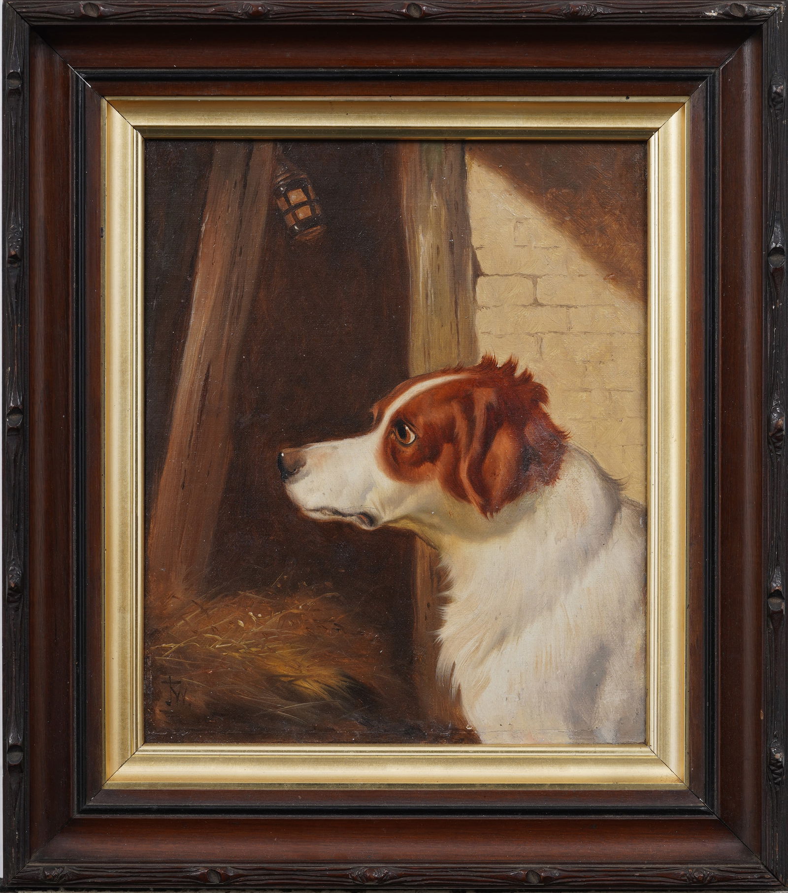 Antique Impressionist Dog Portrait Barn Interior Framed Oil Painting (1 of 7)