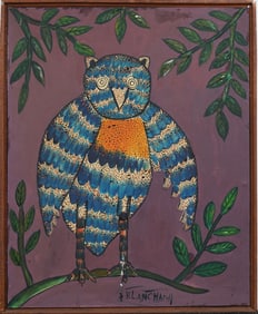 Vintage Haitian School Modernist Owl Portrait Signed Blanchard Oil Painting