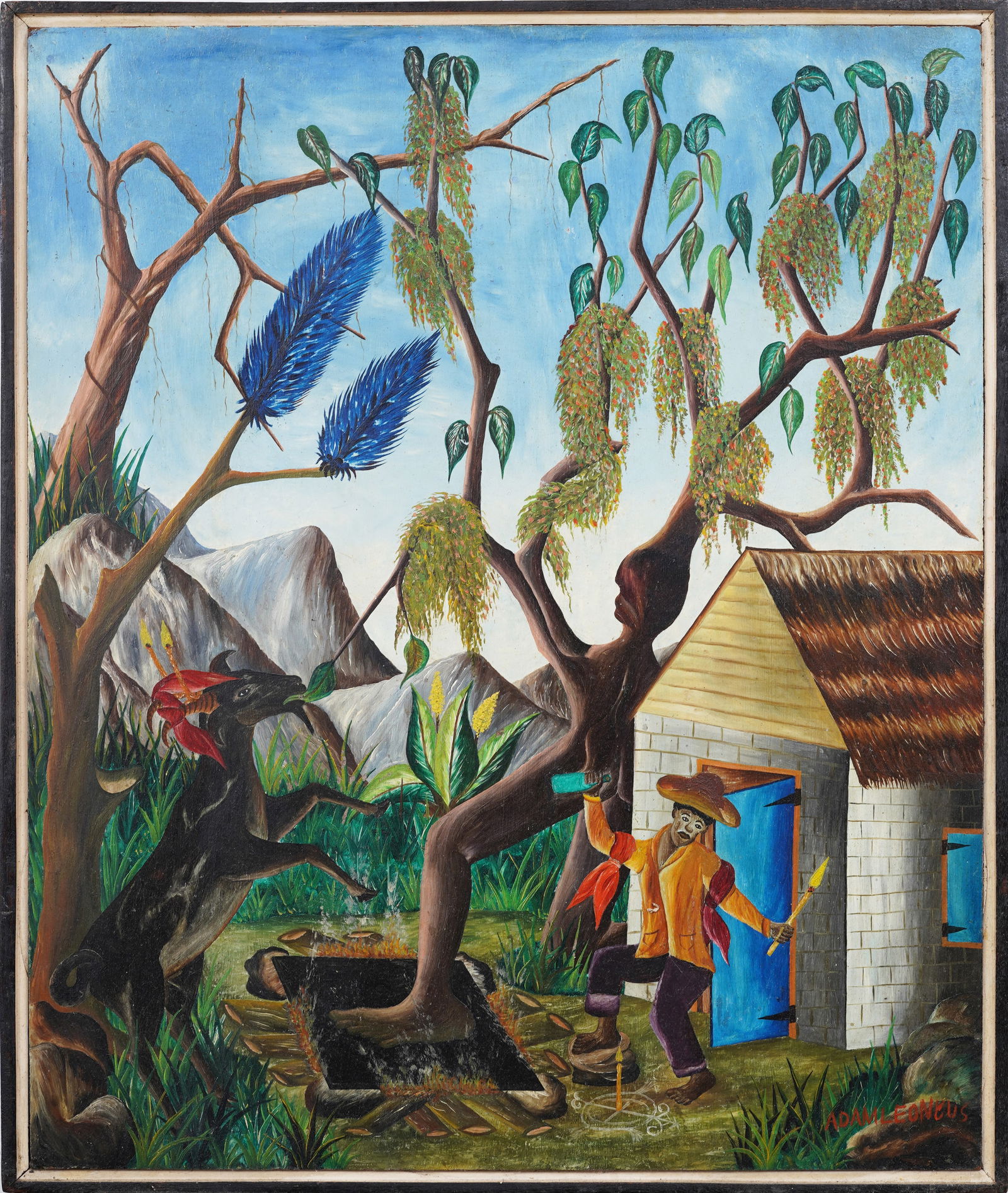 Adam Leontus (1928 - 1986) Vintage Haitian Modernist Voodoo Ritual Farm Scene Oil Painting (1 of 7)