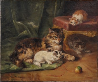 MARIE-YVONNE YO LAUR Antique French Impressionist Cat Portrait Kittens Playing Painting