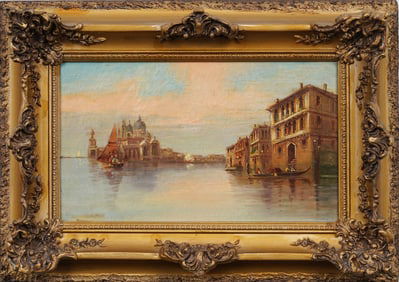 Antique Italian Impressionist Signed Framed Venice Sunset Cityscape Oil Painting
