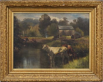 Large Antique American Finely Pained Cow Grazing Giltwood Framed Bucolic Landscape Oil Painting