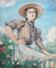 Vintage American Impressionist Woman Portrait Garden Scene Landscape Oil Painting