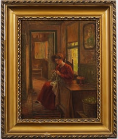 Antique American School Interior Scene Framed Impressionist Portrait Oil Painting