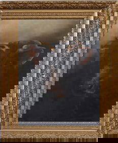 Antique American School Impressionist Cow Portrait Framed Oil Painting