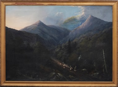 Large Antique American White Mountain Framed Landscape Large Sheepherder Oil Painting