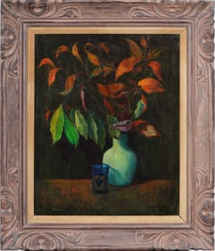 Vintage American School Signed Modernist Framed Flower Still Life  Oil Painting