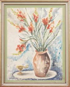 Vintage Israeli Modernist Flower Still Life Signed Framed Painting