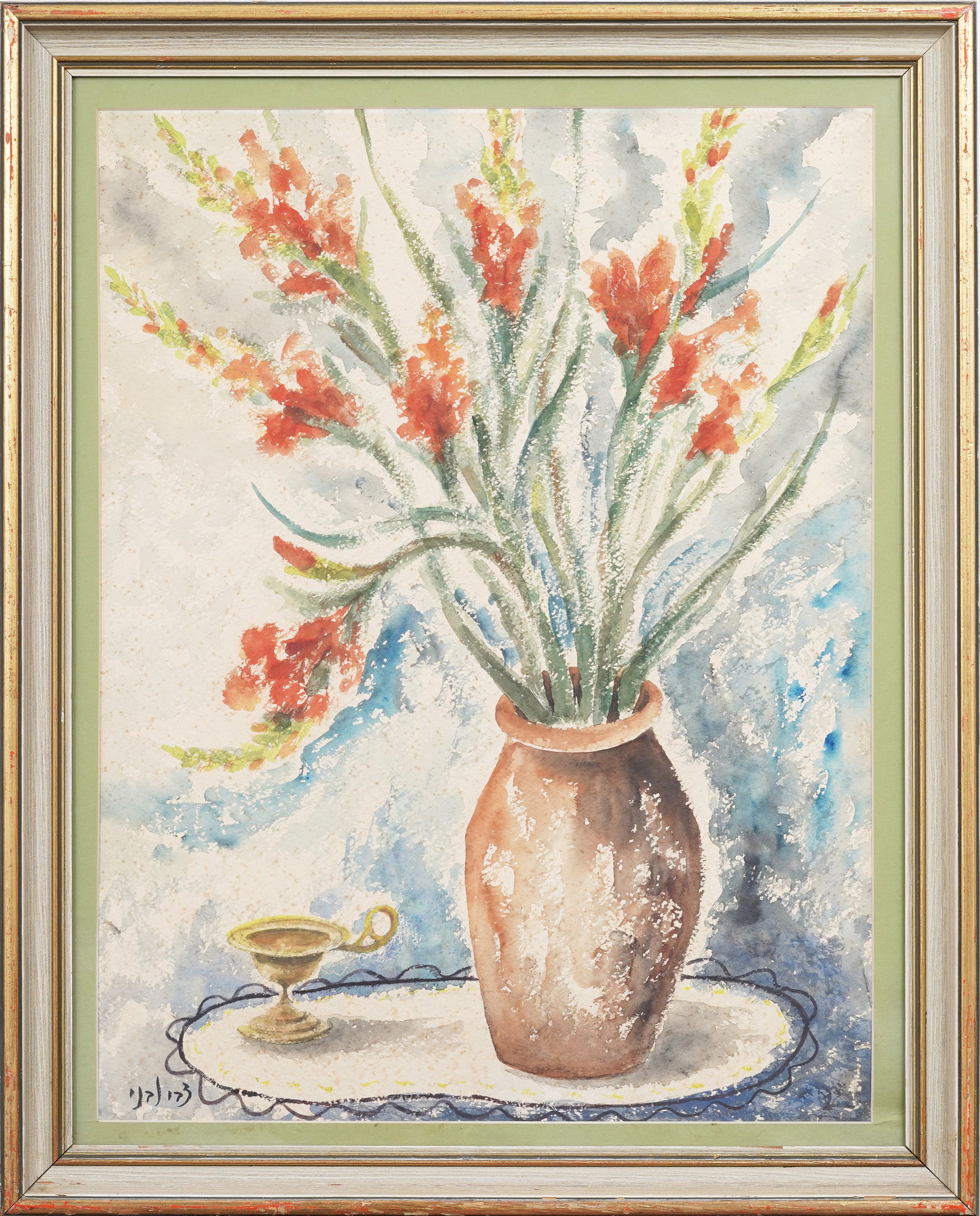Vintage Israeli Modernist Flower Still Life Signed Framed Painting: Vintage modernist painting. Mixed media on paper. Framed. Signed. Measuring: 25 by 31 inches overall, and 20 by 26 painting alone. Please see all images for condition. Size is measured and written on