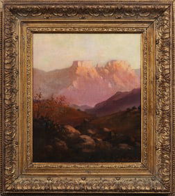 Antique American Western Impressionist Sunset Mountain View Signed Landscape Framed Painting