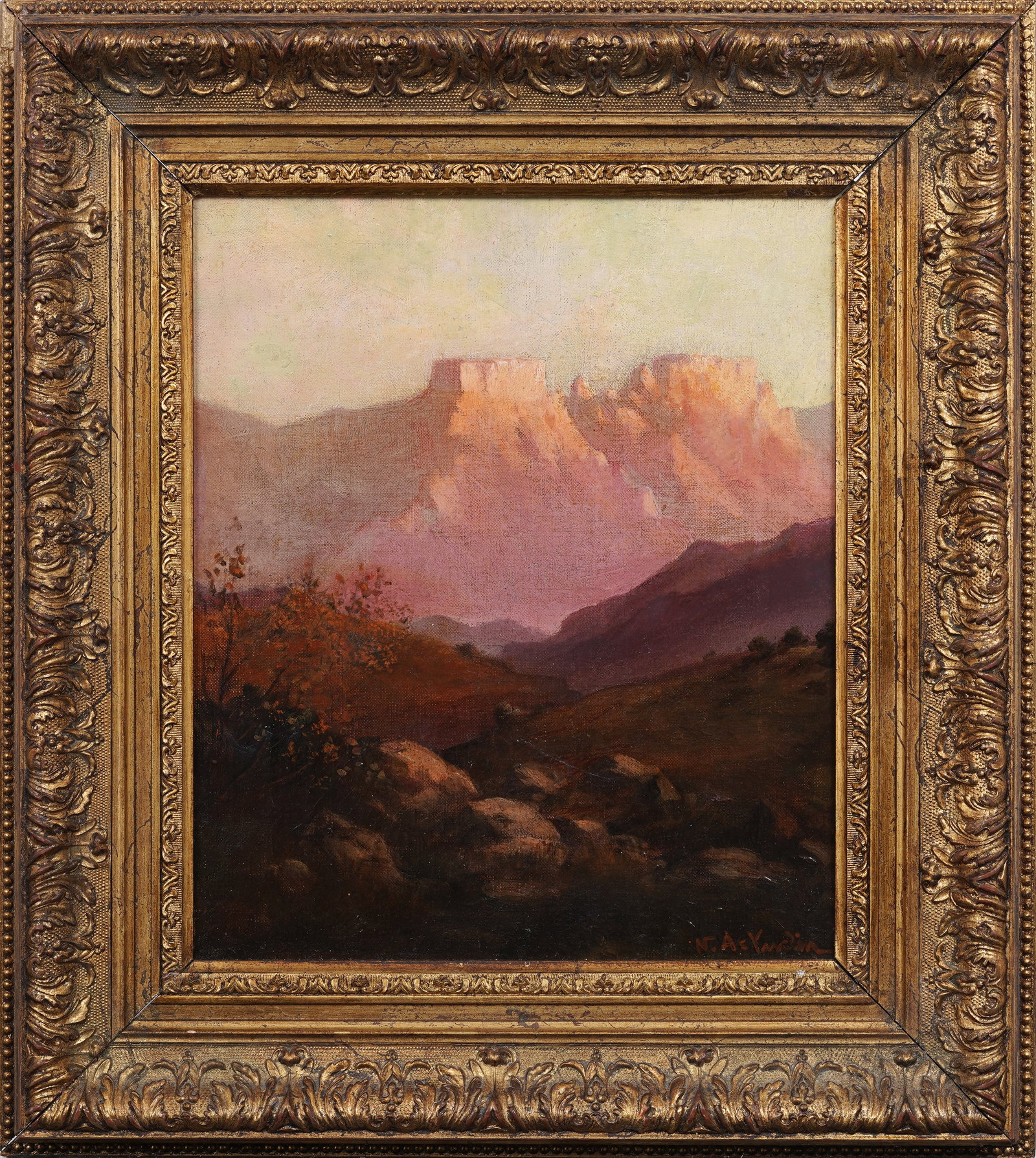 Antique American Western Impressionist Sunset Mountain View Signed Landscape Framed Painting (1 of 7)