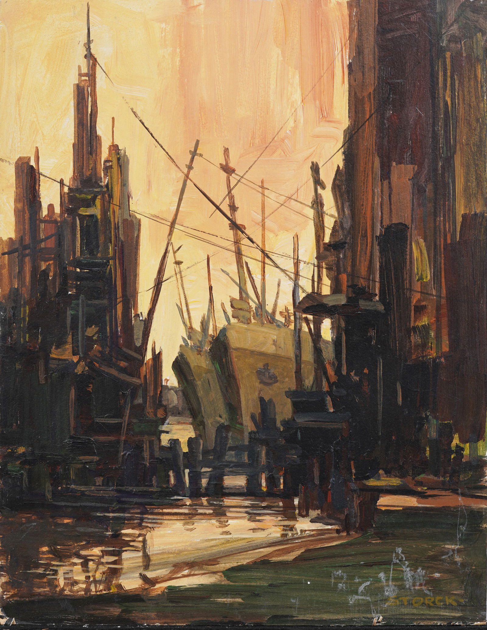 "J. Alvin Storck" Vintage American School Modernist Dock Scene Industrial Signed Original Painting (1 of 6)