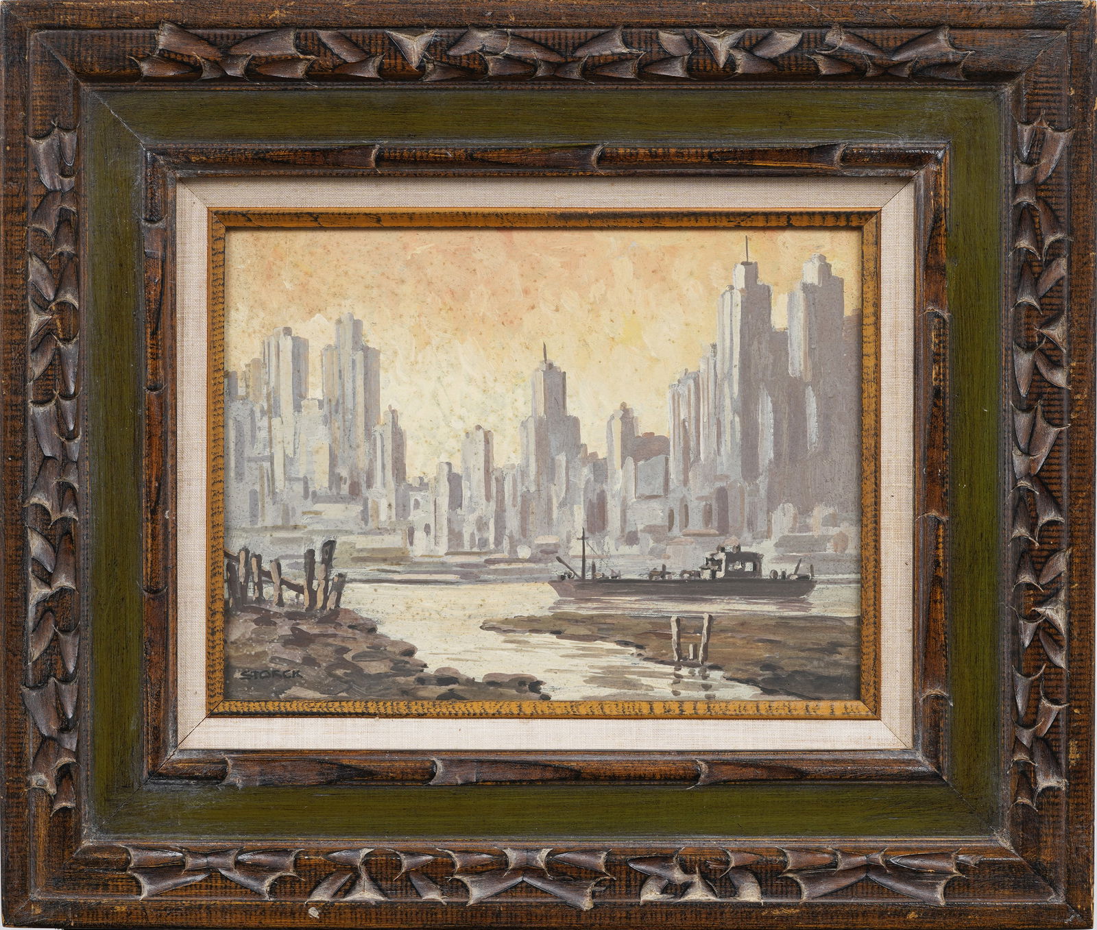 Vintage American School Modernist Sunset Cityscape Signed J. Alvin Storck Original Oil Painting (1 of 6)