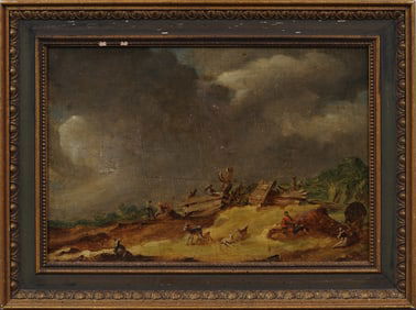 Antique European Farm Landscape Framed Original Oil Painting