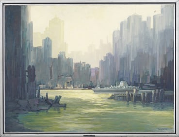 Large Vintage American School Modernist Sunset Cityscape "J. Alvin Storck" Original Oil Painting