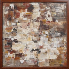 Vintage Indian Modernist Framed Abstract Expressionist Large MCM Oil Painting