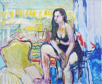 Marion Elizabeth Maas (Born 1930) Vintage American Modernist Interior Scene Portrait Oil Painting