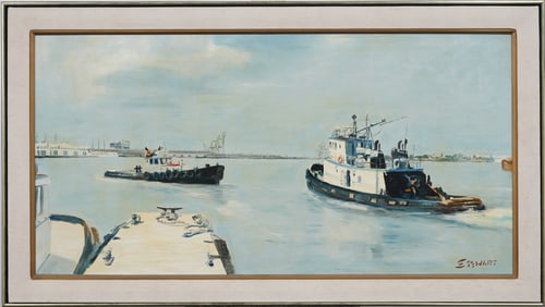 Vintage Modernist Signed Industrial Tug Boat Harbor Scene Framed Large Oil Painting