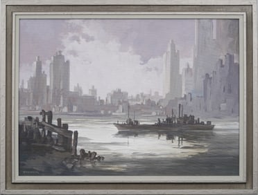 Large Vintage American School Modernist Nocturnal Cityscape "J. Alvin Storck" Original Oil Painting