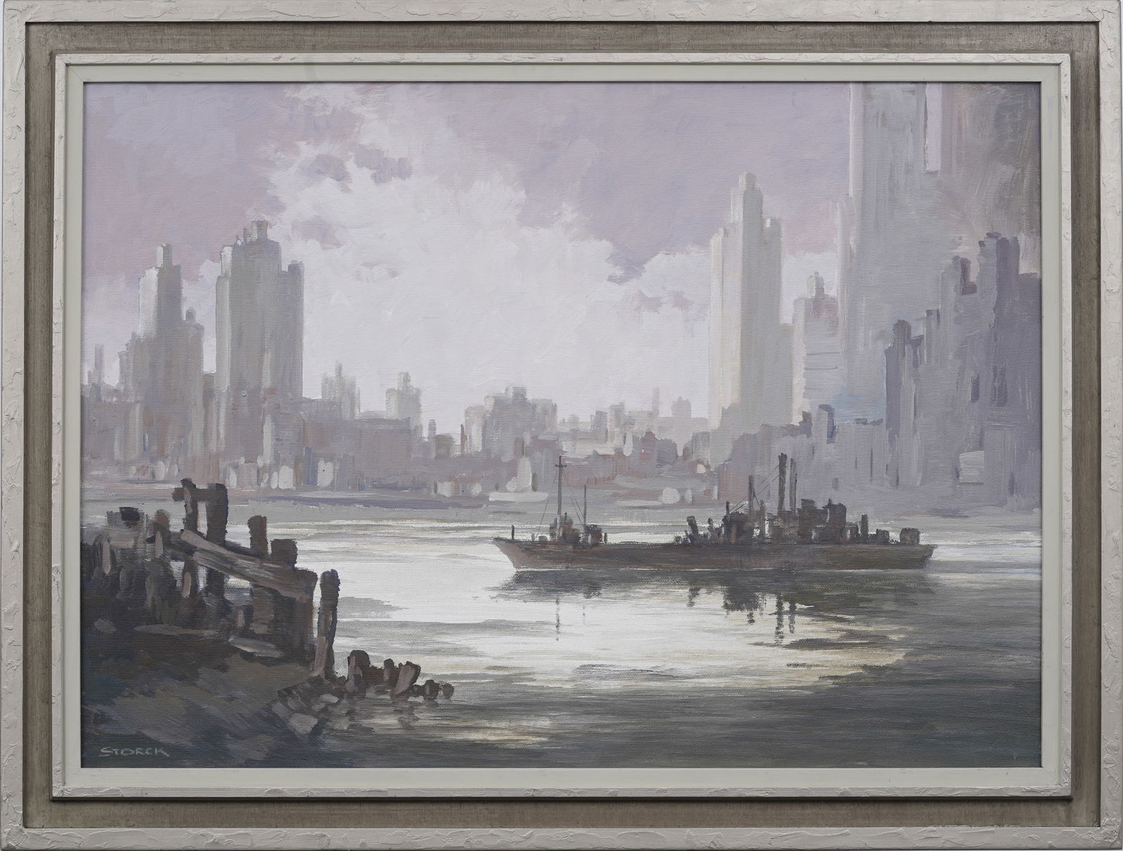 Large Vintage American School Modernist Nocturnal Cityscape "J. Alvin Storck" Original Oil Painting (1 of 9)