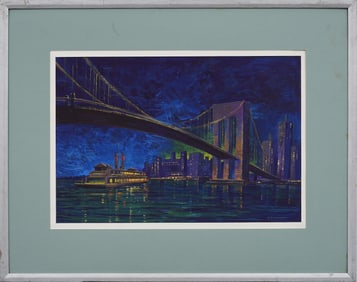 Large Vintage American School Modernist Nocturnal Cityscape "J. Alvin Storck" Original Oil Painting