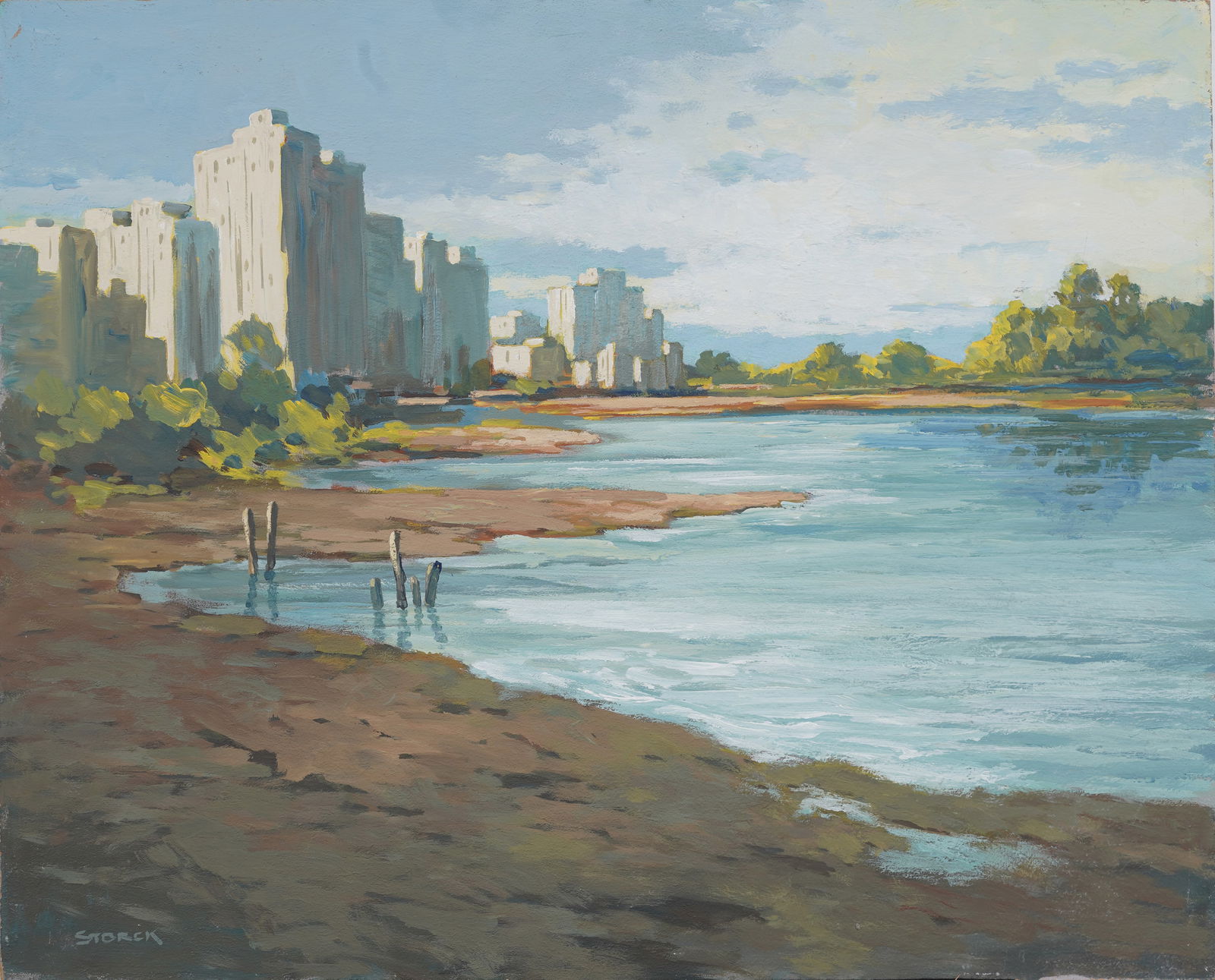 Vintage American School Modernist  Summer Day Cityscape "J. Alvin Storck" Original Oil Painting (1 of 7)