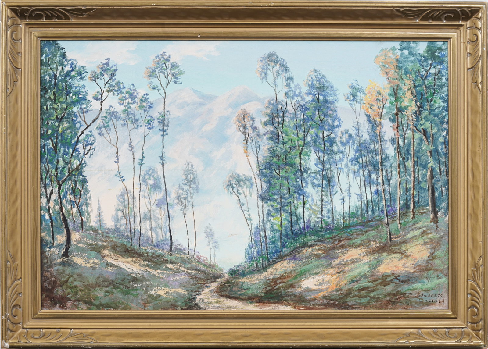 Wallace Edgar Howard (1882 - 1959) Vintage American Impressionist California Mountain Oil Painting: Vintage American impressionist oil painting by Wallace Edgar Howard (1882 - 1959). Oil on canvas. Framed. Measuring: 26 by 35 inches overall, and 20 by 30 painting alone. Please see all images for con