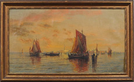 Karl Eugene Felix (1836 or 1837 - 1906) Antique Venice Cityscape Signed Large Sunset Oil Painting