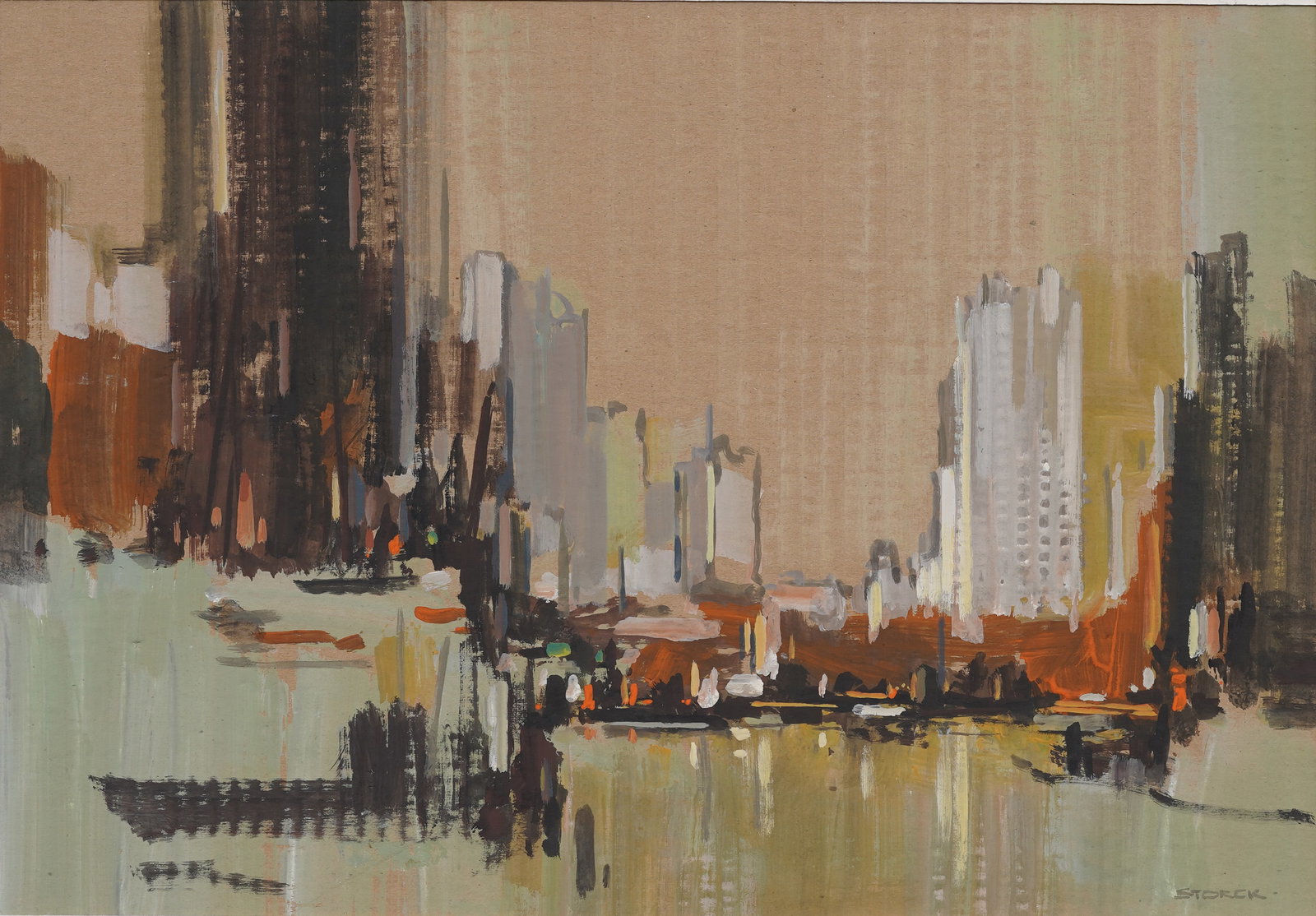 "J. Alvin Storck" Vintage American School Modernist Street Scene Industrial Signed Casein Painting (1 of 7)