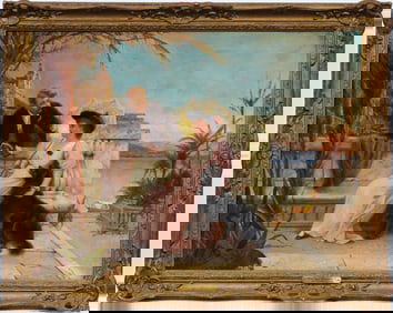 Signed Antique English Seaside Elegant Mediterranean Coastal Landscape with Figures Oil Painting