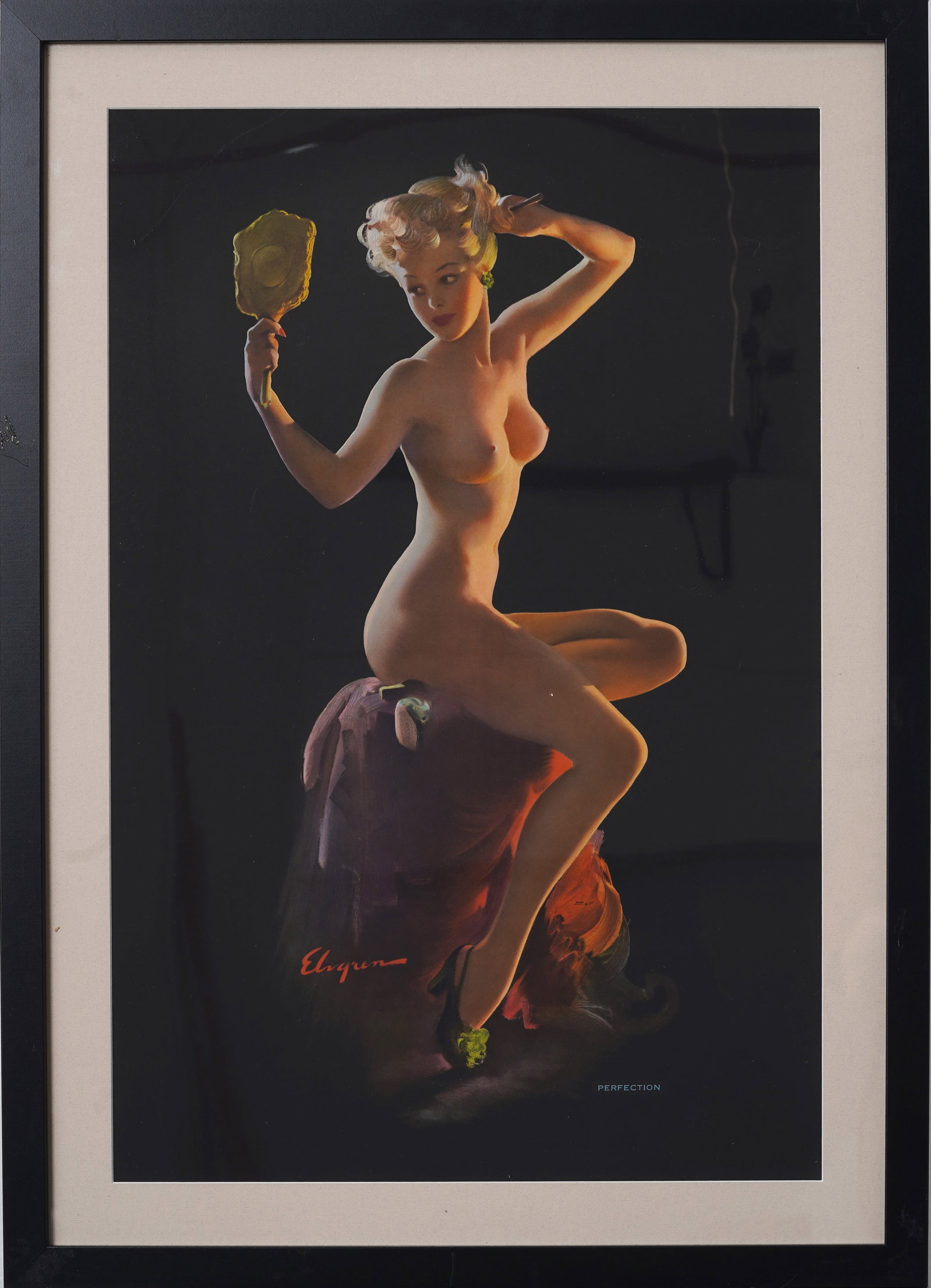 Gil Elvgren Vintage American Realist Nude Pinup Framed Lithograph: Vintage American lithograph. Measuring: 36 by 26 inches overall, and 30 by 20 painting alone Please see all images for condition. Size is measured and written on the back of the painting or next to ea