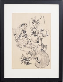 Vintage American School Modernist Framed Surreal Abstract Drawing