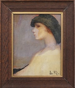 Vintage American School Modernist Framed Woman Portrait Monogrammed Oil Painting