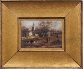 Antique Early American Impressionist Framed New England Landscape Oil Painting