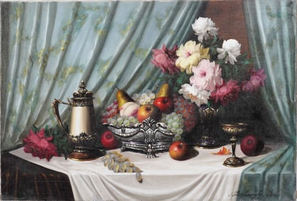 Large Vintage American School Fruit and Flower Table Still Life Signed Impressionist Oil Painting