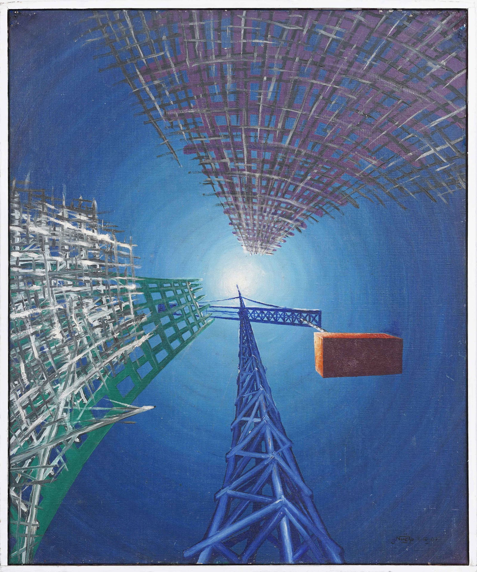 Vintage French Modernist Construction Site Signed Crane Abstract Large 1970 Framed Oil Painting (1 of 8)