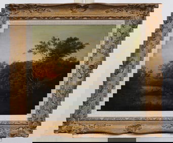 Signed Reinagle Antique English Sunset River Landsape Cow Grazing Framed Oil Painting