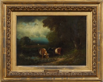 James Fairman (1826-1904) Antique American Sunset Landscape Cow Grazing Signed Oil Painting