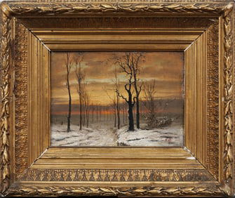Antique American or European 19th Century Winter Blazing Sunset Nicely Framed Oil Painting