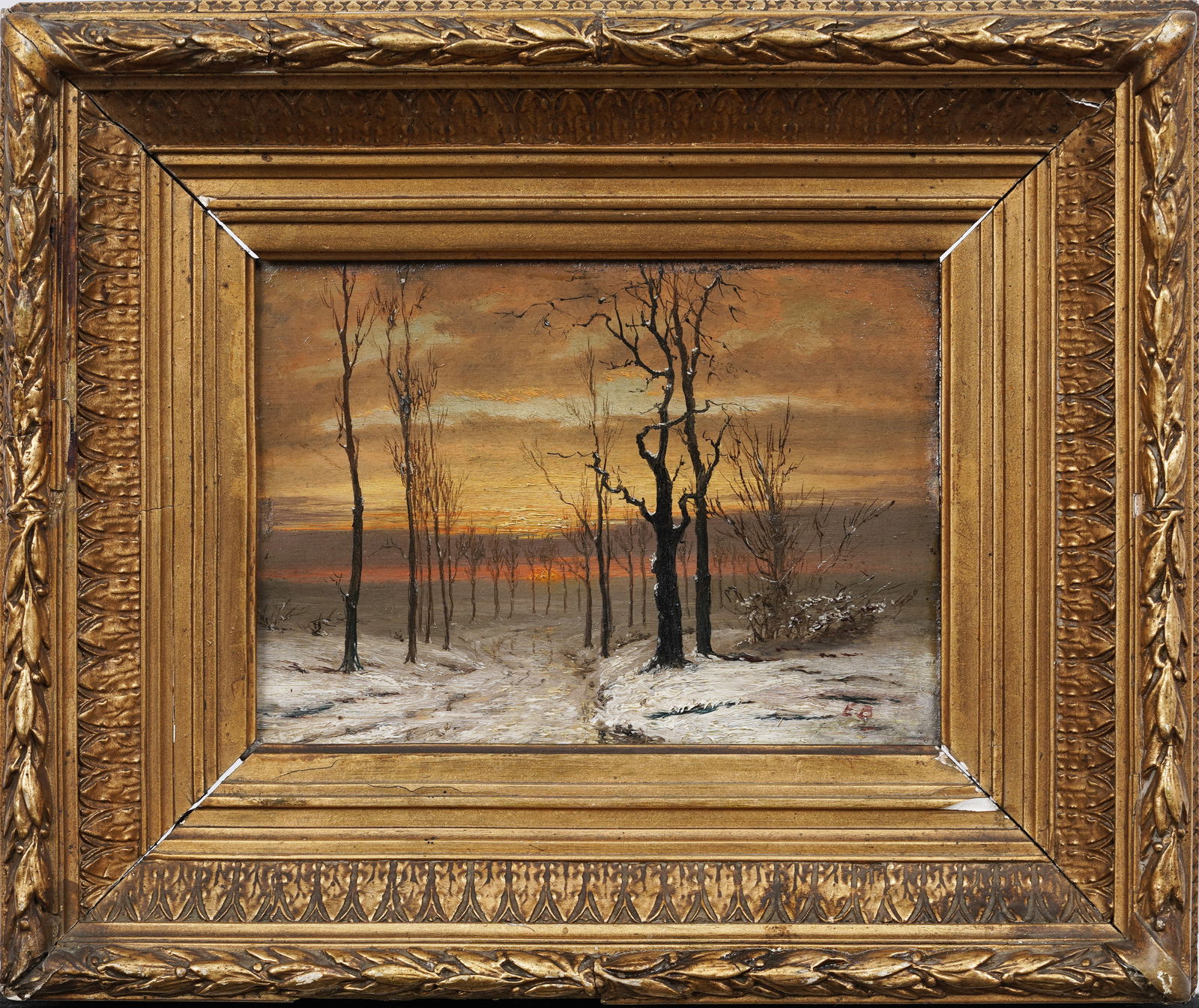 Antique American or European 19th Century Winter Blazing Sunset Nicely Framed Oil Painting (1 of 6)