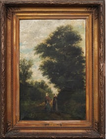 Antique Nicely Framed European 19th Century Figural Landscape  Oil Painting